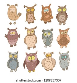 Set of cute cartoon owls isolated on white background. Vector illustration.