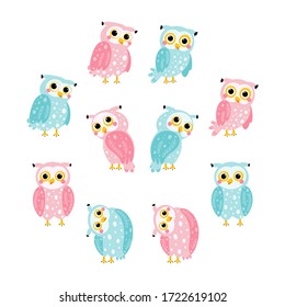 Set with cute cartoon owls Isolated on a white background. Bird print for children. Vector illustration.