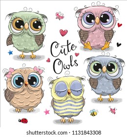 Set of cute cartoon owls on a white background