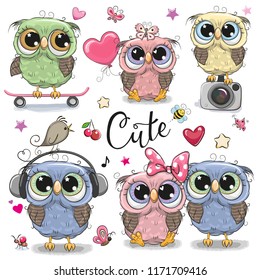 Set of cute cartoon owls on a white background
