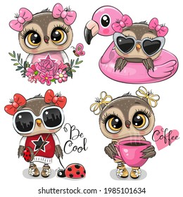 Set of cute cartoon owls on a white background