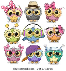 Set of cute cartoon owls on a white background