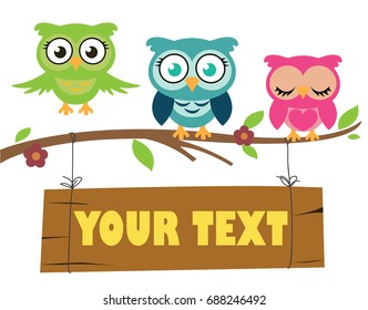 Set of cute cartoon owls on a branch, with a banner hanging below, Colorful design for children