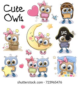 Set of Cute Cartoon Owls on a white background