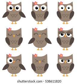 Set of cute cartoon owls with various emotions