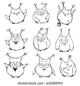 Set of cute cartoon owls with various emotions