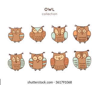 Set of cute cartoon owls in vector for greeting card and invitation