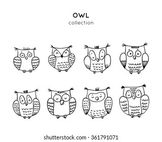 Set of cute cartoon owls in vector for greeting card and invitation