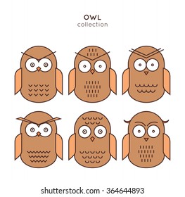 Set of cute cartoon owls in vector for greeting card and invitation. Thin line style