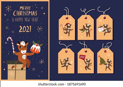 Set of Cute Cartoon Ox, Cows Greeting Christmas Tags.New Year Cattle ,Christmas Festive Attributes. Greetings Elements.Paper Labels,Chinese New Year 2021 Symbol.Holiday Animals Set.Vector Illustration