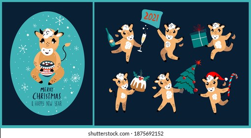 Set of Cute Cartoon Ox, Cows Greeting Cards.New year Cattle with Christmas Festive Attributes.Chinese New Year 2021 Symbol.Holiday Animals Set.Design of Calendars,Cards,Advertising.Vector illustration
