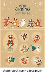 Set of Cute Cartoon Ox, Cows Greeting Cards.New year Cattle with Christmas Festive Attributes.Chinese New Year 2021 Symbol.Holiday Animals Set.Design of Calendars,Cards,Advertising.Vector illustration
