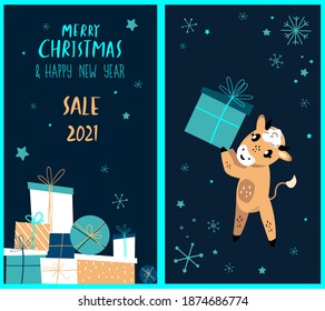 Set of Cute Cartoon Ox,Cow and Greeting Christmas Card.New Year Cattle,Christmas Festive Attribute.Greeting Elements.Paper Label,New Year 2021 Symbol.Advertising Holiday Animal Set.Vector Illustration