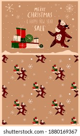 Set of Cute Cartoon Ox,Cow and Greeting Christmas Card.New Year Cattle,Christmas Festive Attribute.Greeting Elements.Paper Label,New Year 2021 Symbol.Advertising Holiday Animal Set.Vector Illustration