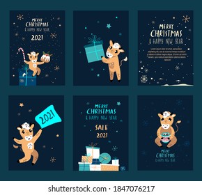 Set of Cute Cartoon Ox,Cows Greeting Christmas Cards.New Year Cattle,Christmas Festive Attributes.Greeting Elements. Paper Label,New Year 2021 Symbol.Advertising Holiday Animal Set.Vector Illustration