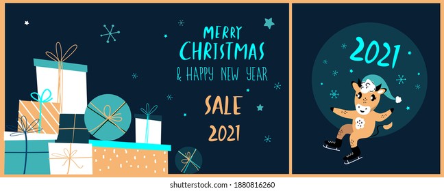 Set of Cute Cartoon Ox,Cows,Greeting Christmas Card.New Year Cattle.Christmas Greeting New Year 2021 Symbol.Festive Present Boxes,Gifts. XMas Template Wallpaper.Invitation Winter Holiday. Illustration