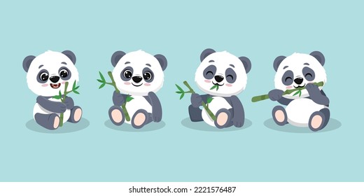 set of cute cartoon panda with bamboo isolated on blue background.Illustration in flat style.Vector