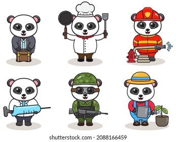 Conjunto de Cute Cartoon Panda aislado en un fondo blanco. Ilustración vectorial con el lindo Panda de diferentes profesiones. lindo trabajo Juego de manojos de dibujos animados.