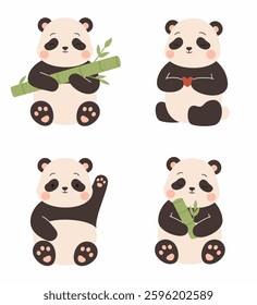 Set of cute cartoon pandas in childish style. Flat vector illustration.