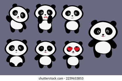 set of cute cartoon pandas with different emotions,happy, sad, scared panda. Vector illustration for kids. funny bear