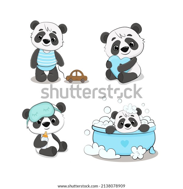 Set of cute\
cartoon pandas in different poses. Panda cub with toy car, baby\
bottle,heart. Vector\
illustration