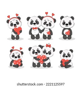 Set of cute cartoon pandas isolated on white.Panda with heart.Vector illustration for your design Valentine's Day, birthday, Mother's Day, wedding. 