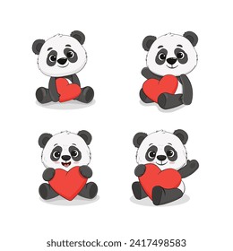 Juego de lindos pandas de dibujos animados aislados en blanco. Panda con corazón para tu diseño Día de San Valentín, cumpleaños, Día de la Madre, boda. Ilustración vectorial