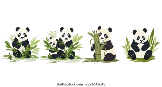 Conjunto con bonitos pandas de dibujos animados sobre fondo blanco, ilustración vectorial