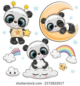 Set of Cute Cartoon Pandas on a white background