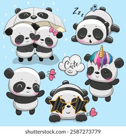 Set of Cute Cartoon Pandas on a blue background