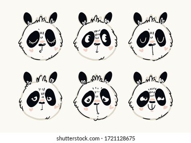 Set of cute cartoon pandas with various emotions in doodle style. Hand drawn illustration