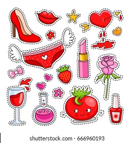 Set of cute cartoon patches, badges, pins and stickers for girl. Vector illustration.