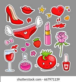 Set of cute cartoon patches, badges, pins and stickers for girl. Vector illustration.