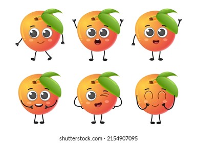 Set of cute cartoon peach fruit vector character set isolated on white background