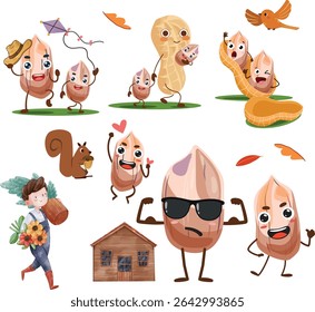 Set of cute cartoon peanut characters with different emotions and actions. Fun and playful illustration style for children. Includes peanuts flying kites, family moments, love expression, superhero po