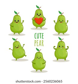 set of cute cartoon pear with emotions isolated on white background. Green pear in different poses. Funny fruit characters. Vector illustration.
