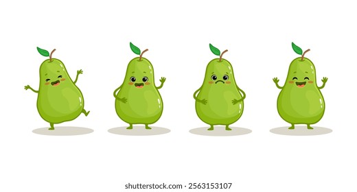 set of cute cartoon pear with emotions isolated on white background. Green pear in different poses. Funny fruit characters. Vector illustration.
