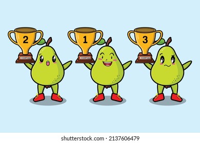 Juego de dibujos animados adorables con el trofeo de la fruta de pera con la expresión feliz en el diseño de estilo moderno 3d