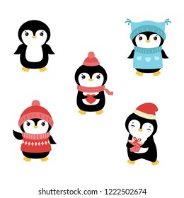 Set of cute cartoon penguin. Christmas theme.