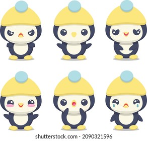 Set cute cartoon penguin with different emotions