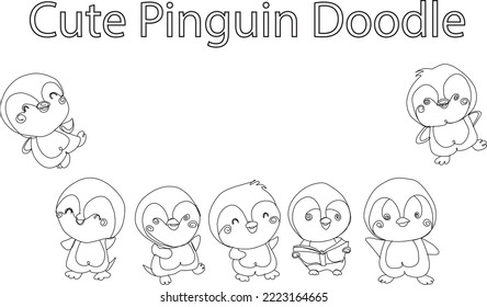 Set cute cartoon penguin. Draw illustration in black and white