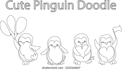 Pingüino de dibujos animados. Dibujar ilustración en blanco y negro