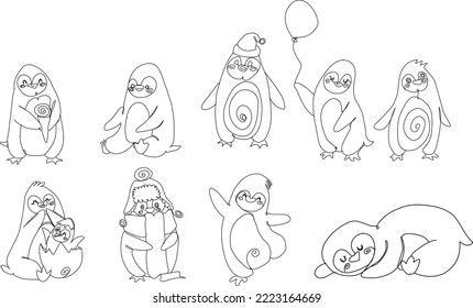 Set cute cartoon penguin. Draw illustration in black and white