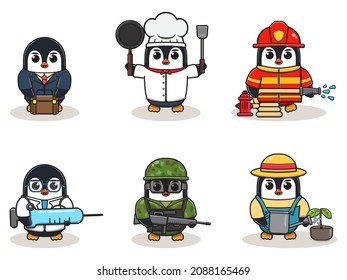 Set of Cute Cartoon Penguin isolated on a white background. Vector illustration with cute Penguin of different professions. cute job Animal cartoon bundle set.