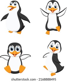 Set of cute cartoon penguin isolated on white background