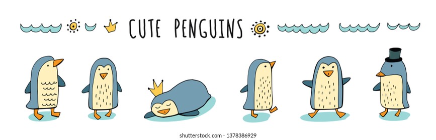 Set of cute cartoon penguins.