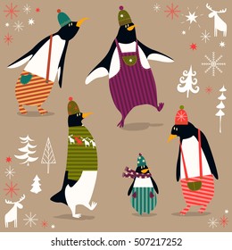 Set with cute cartoon penguins, Christmas trees and snowflakes. Christmas vector illustration.