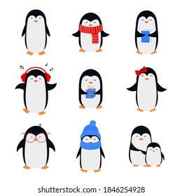Set of cute cartoon penguins in flat style.