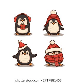 Set of cute cartoon penguins. Flat illustration for kids or babies t-shirt design, room decoration, Christmas cards. Funny penguin. Vector illustration