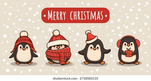 Conjunto de lindos pingüinos de dibujos animados. Ilustración plana para niños o bebés diseño de camiseta, decoración de la habitación, tarjetas de Navidad. Un pingüino gracioso. Ilustración vectorial

